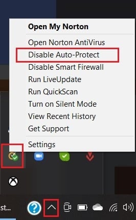 En la barra de tareas, haga clic derecho en su antivirus y haga clic en desactivar la protección automática.