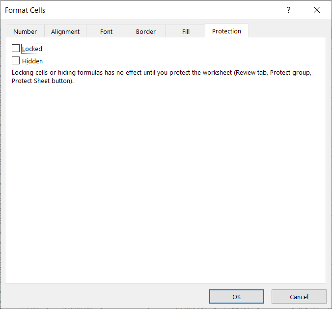 In the ‘Protection’ tab of the Format Cells dialogue box, uncheck the ‘Locked’ option