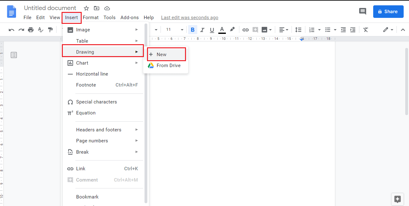 Open the Insert menu and move your mouse over Drawing, Choose the New option