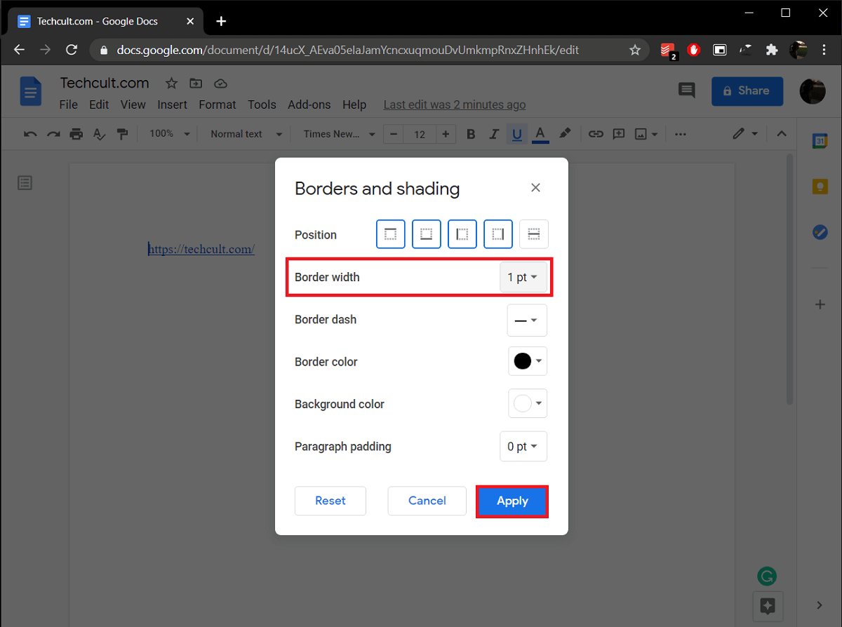 Increase the Border Width to a suitable value (1 pt). | How To Create Borders In Google Docs?
