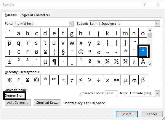 Insert the Degree Symbol in Microsoft Word using Symbol Menu