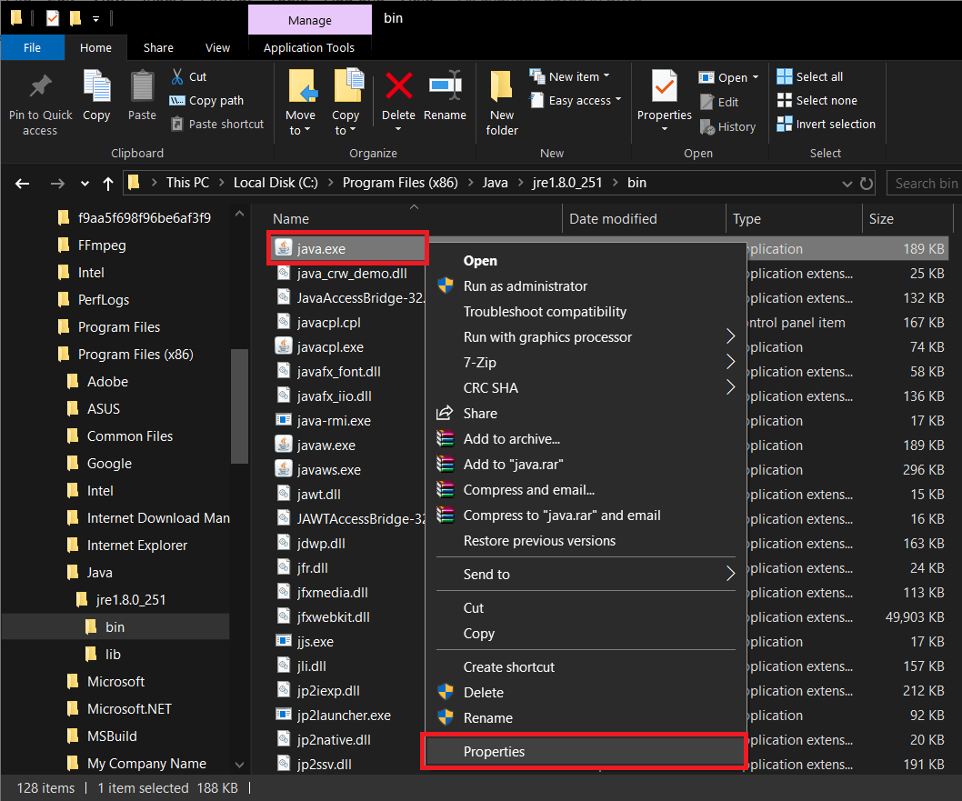 Inside the bin folder, find java.exe, right-click on it and select Properties