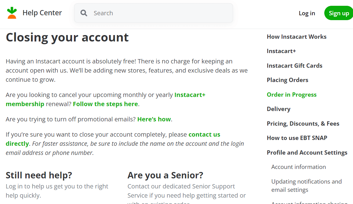 Instacart Help Center Account Closing page