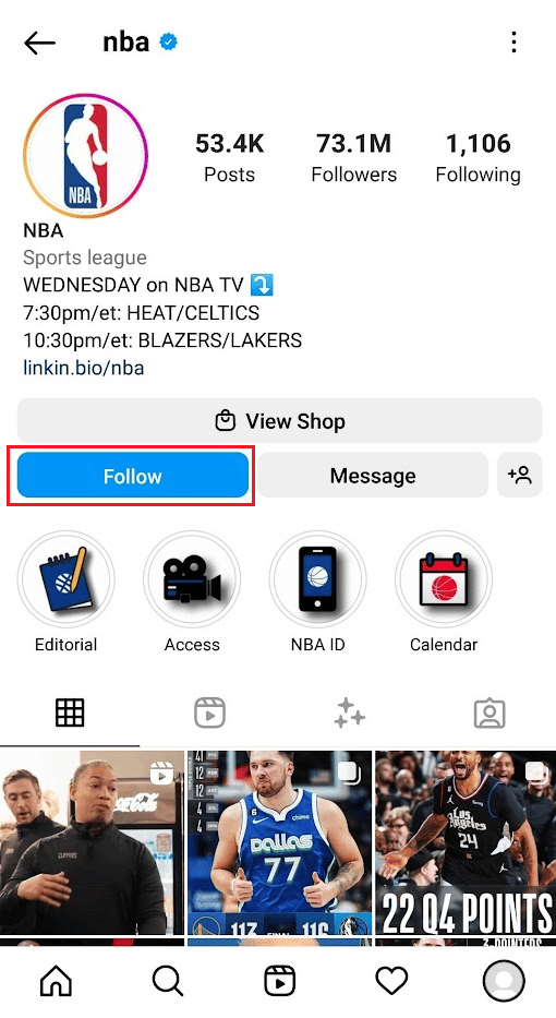 Страница профиля Instagram — опция «Подписаться»