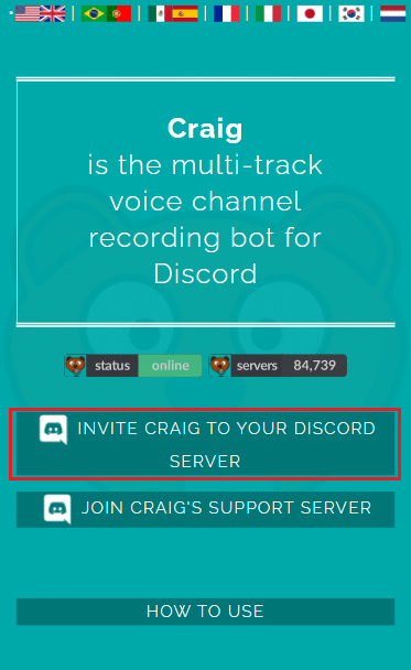 Invite Craig to your Discord server button