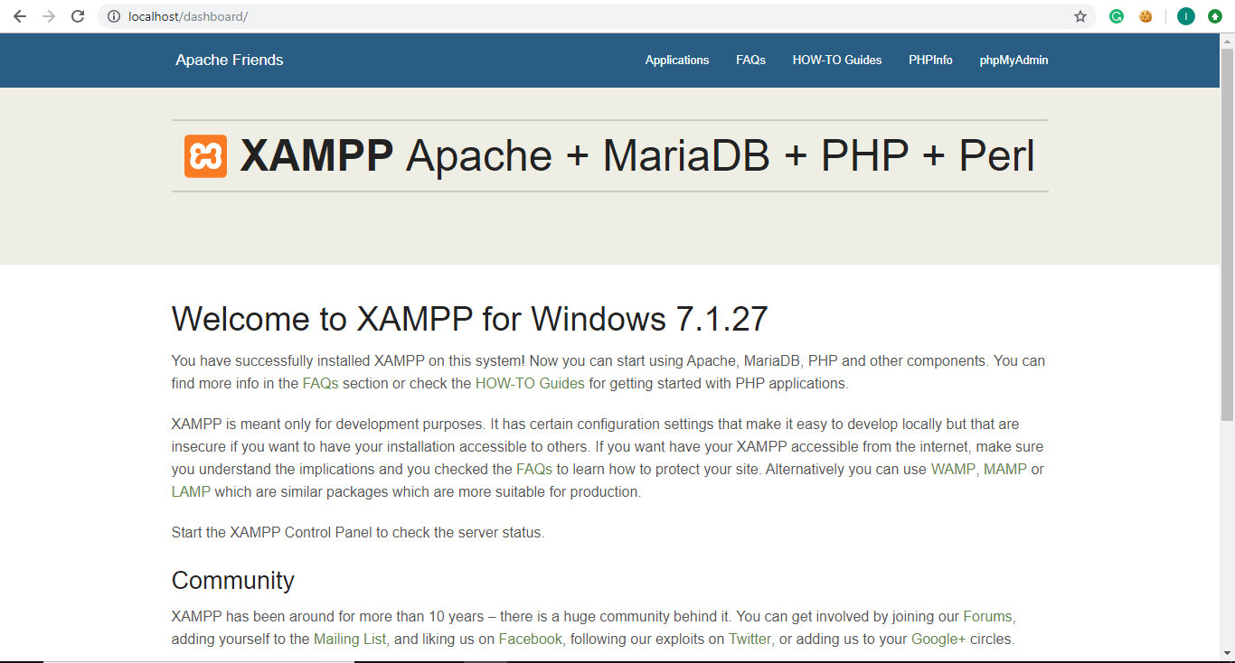 Will redirect you to the dashboard of XAMPP and the default page of the XAMPP | Install And Configure XAMPP on Windows 10