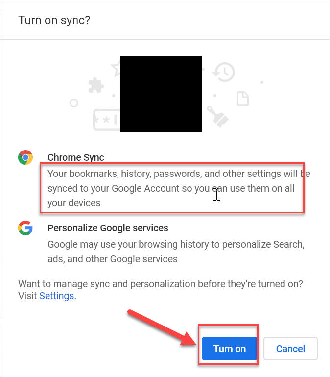 Just click on the Turn on button to enable Google Sync