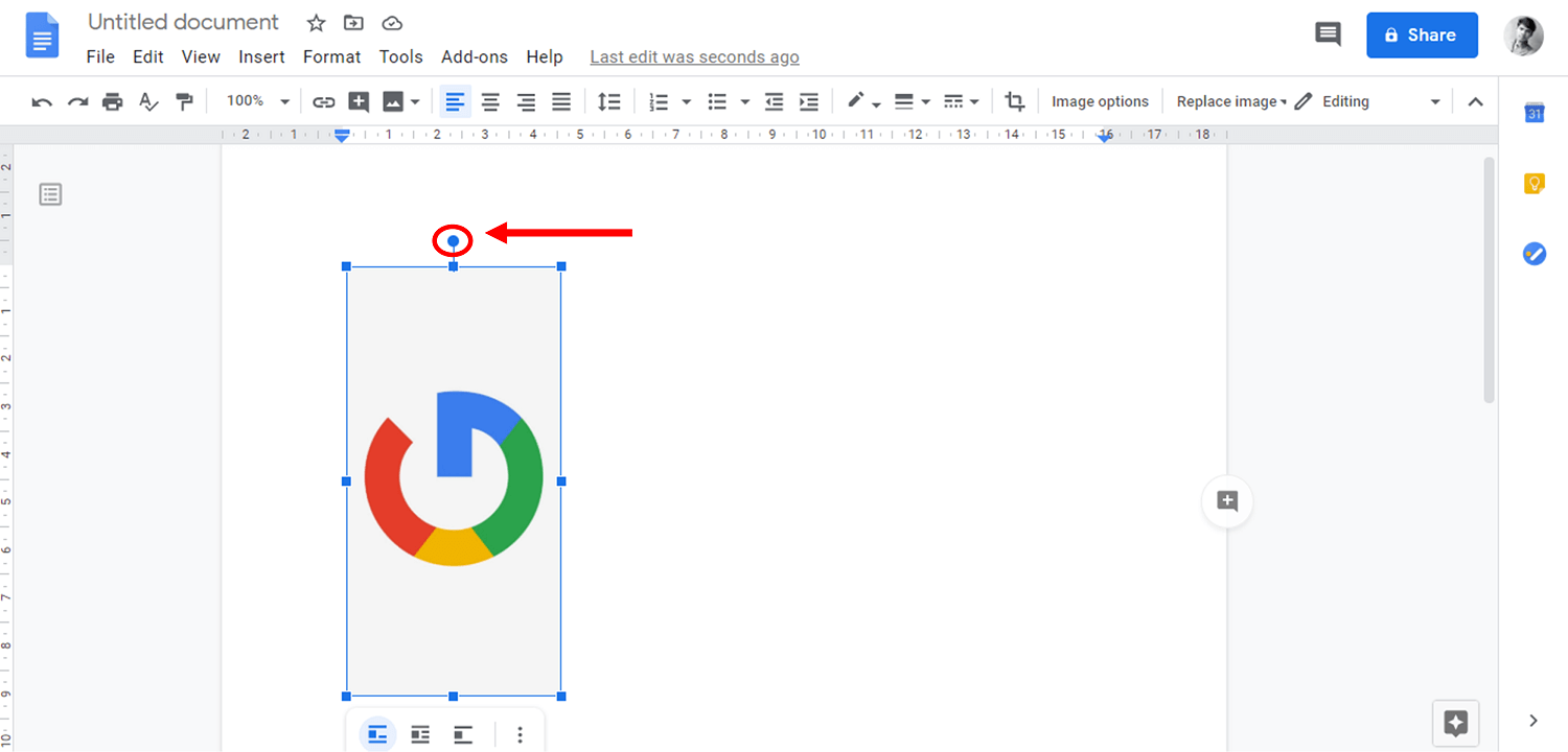 Keep your cursor over the Rotate Handle | How to Rotate an Image in Google Docs