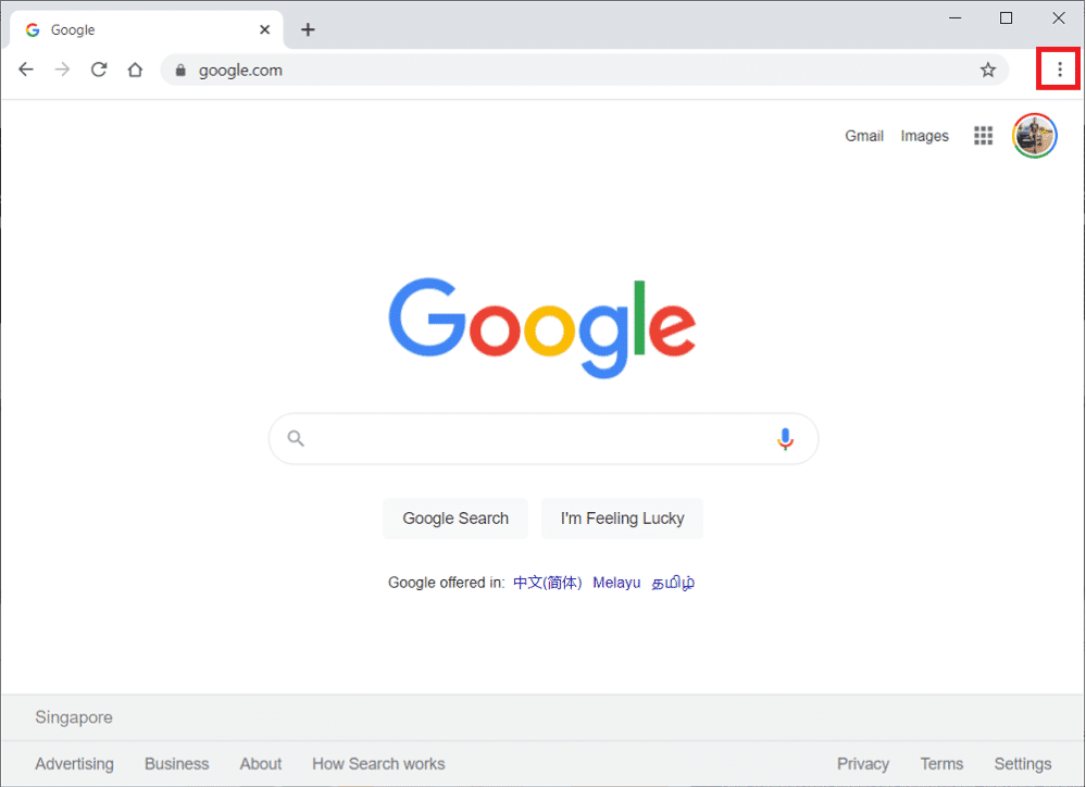 Запустите Google Chrome и нажмите значок с тремя точками в правом верхнем углу.