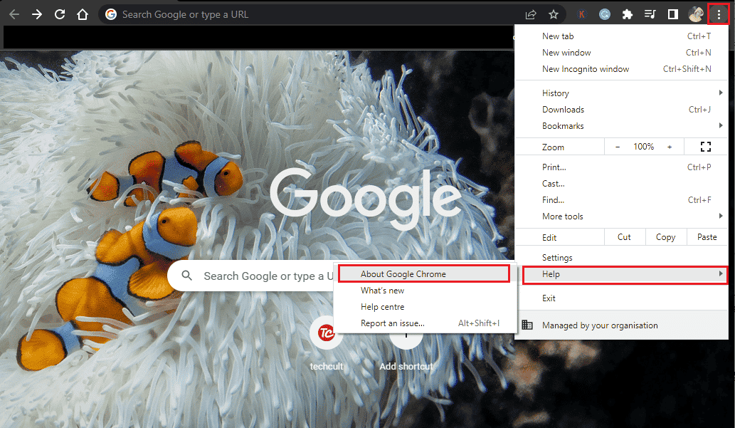 Launch Google Chrome, click on the three-dotted icon and select the Help - About Google Chrome | Fix Your Mic is Muted by System Settings in Google Meet