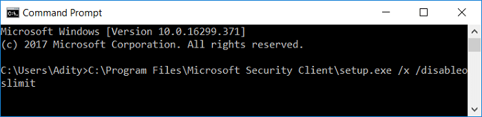 使用命令提示符启动 Microsoft 安全客户端的卸载窗口