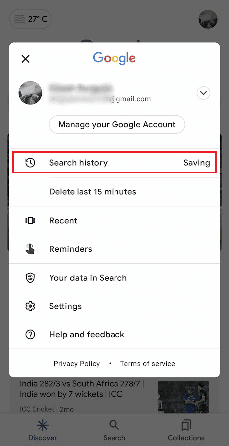 Launch the Google app and tap on the profile icon - Search history