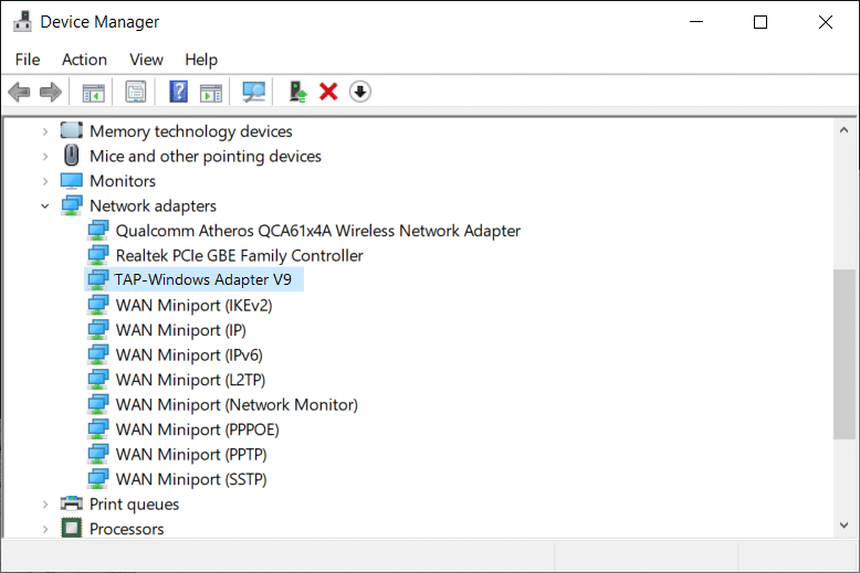 Locate TAP-Windows Adapter V9 and check if it has an exclamation mark with it.