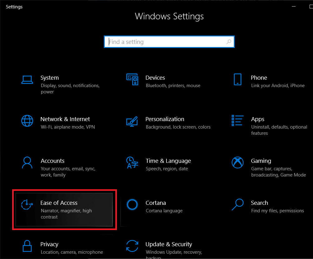 Locate and click on Ease of Access | How To Reset Your Keyboard To Default Settings In Windows 10?