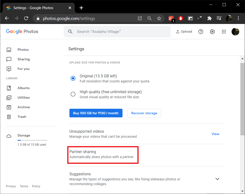 Locate and click on the Partner Sharing (or Shared libraries) settings | Merge Multiple Google Drive & Google Photos Accounts