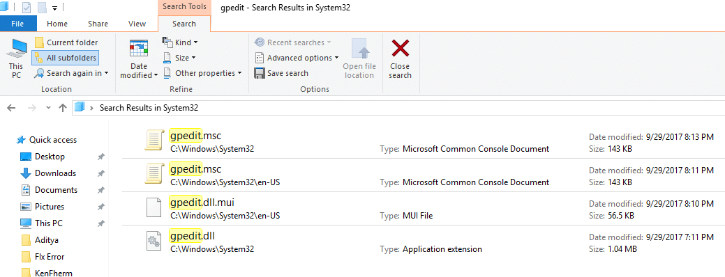 Locate gpedit.msc and double click on the executable file to open it