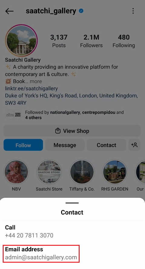 Locate the Email address from the Contact popup menu | How to Find Email Associated with Instagram Account