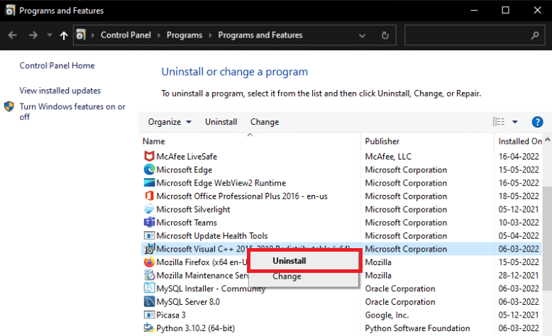 Locate the Microsoft Visual C++ programs in the list. Right-click on them and click on Uninstall after choosing each item