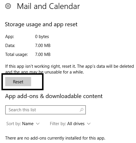 Locate the Reset button, click on it | Reset the Mail app in Windows 10
