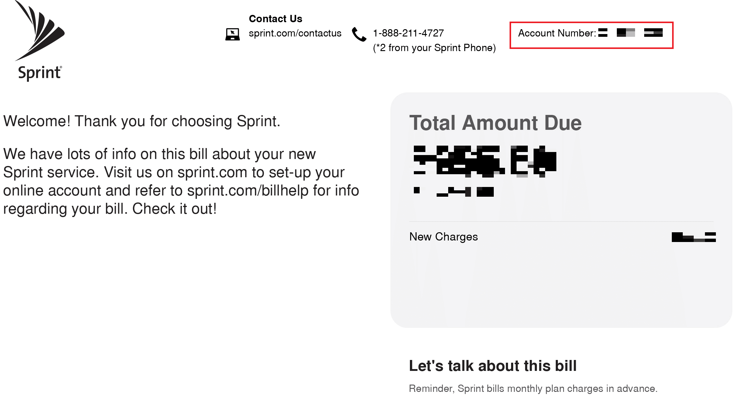 Locate the Sprint Account Number from the top right corner