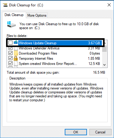 Locate the Windows Update Cleanup option which stores the backup files | Clean WinSxS Folder in Windows 10
