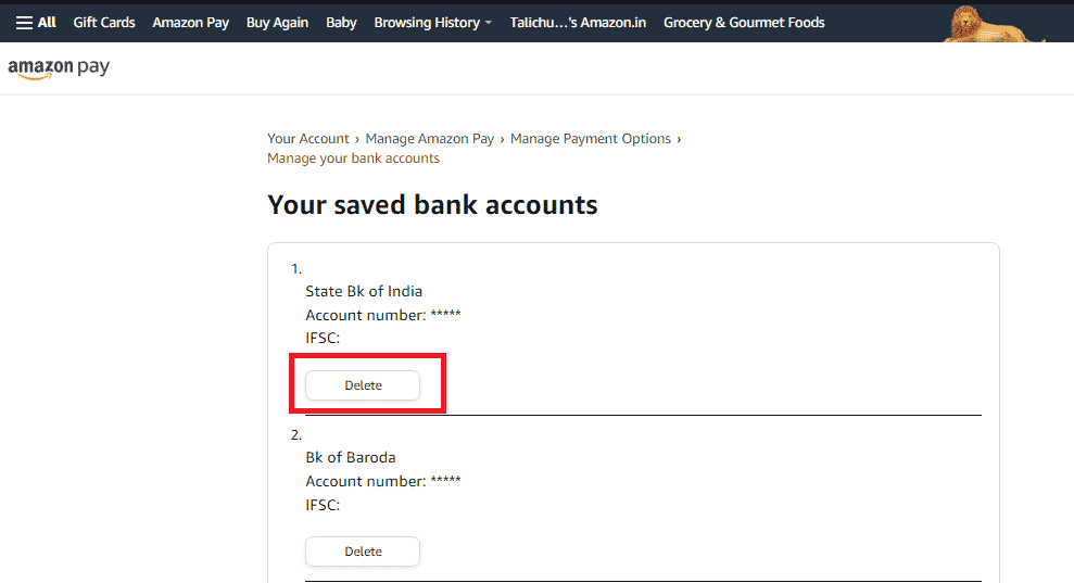 Locate the desired bank account you want to remove, and click on Delete for it