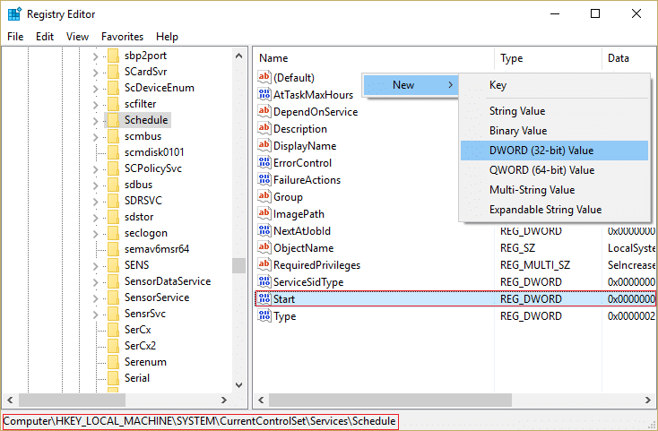 Look for Start in Schedule registry entry if not found then right-click select New then DWORD