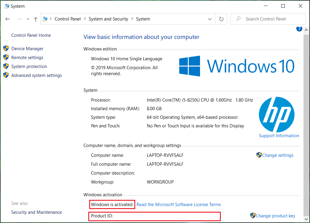 Look for Windows activation heading at the bottom