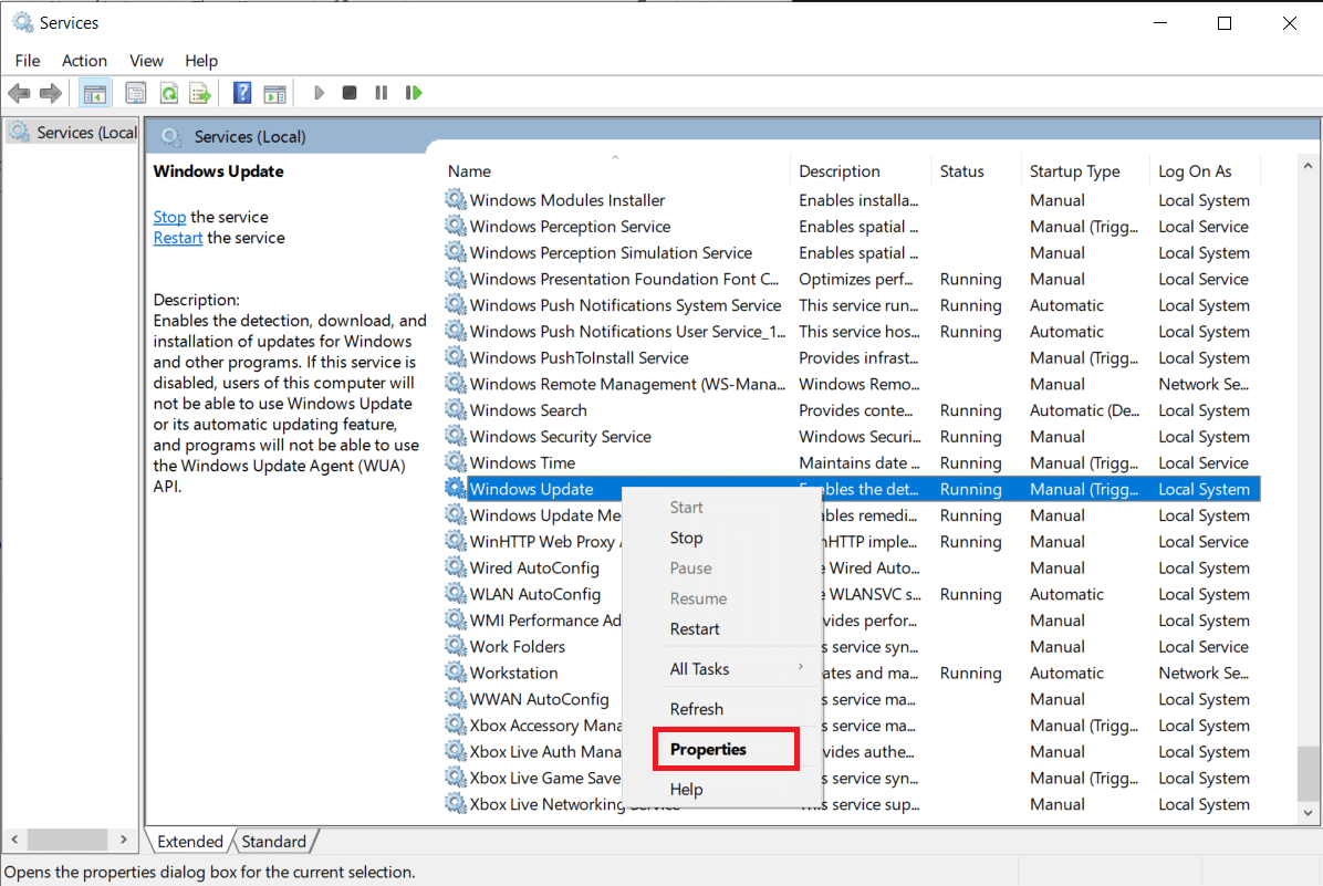 Look for the Windows Update service in the following list. Once found, right-click on it and select Properties