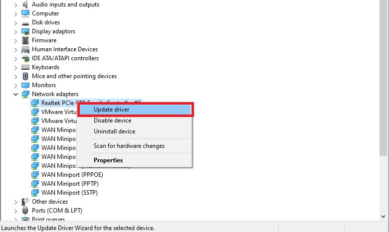 Look for the network adapter in the list of devices connected to the computer. Right-click and then click on Update Driver.