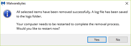 Es posible que MBAM requiera reiniciar para completar el proceso de eliminación. Si muestra el siguiente mensaje, simplemente haga clic en Sí para reiniciar su PC.