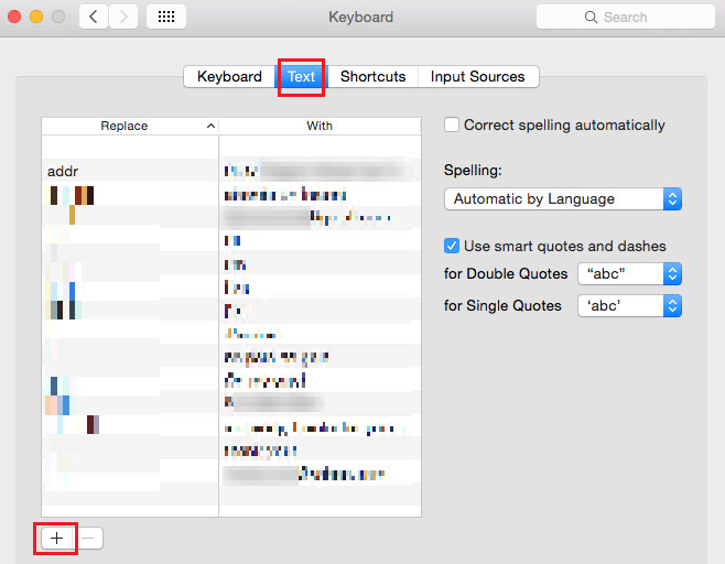 Mac - Keyboard - Text tab - + icon