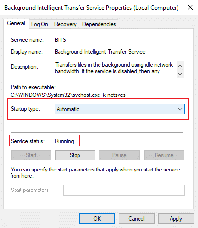 Make sure BITS is set to Automatic and click Start if the service is not running | Fix Windows Update Error 8024402F