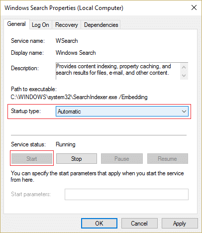 Убедитесь, что для типа запуска установлено значение «Автоматически», и нажмите «Пуск» для службы поиска Windows.