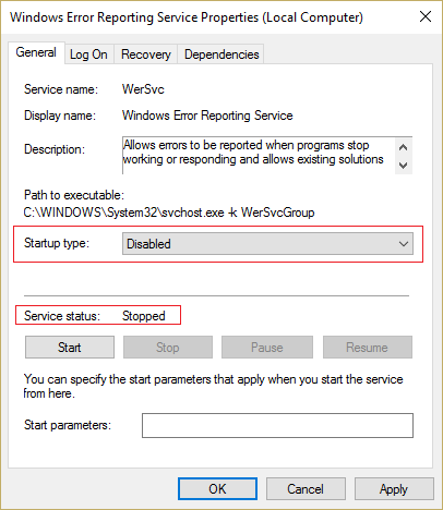 Make sure Startup type of Windows Error Reporting service is disable and click on stop