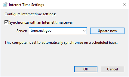 Asegúrese de que Sincronizar con un servidor de hora de Internet esté marcado y seleccione time.nist.gov