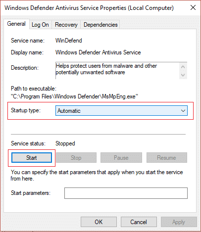 Asigurați-vă că tipul pornit de Windows Defender Service este setat la Automat și faceți clic pe Start