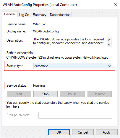 Make sure the Startup type is set to Automatic and click start for WLAN AutoConfig Service