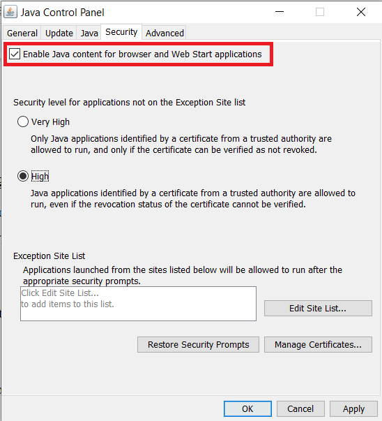 Make sure the box next to ‘Enable Java content for browser and Web Start applications’ is ticked
