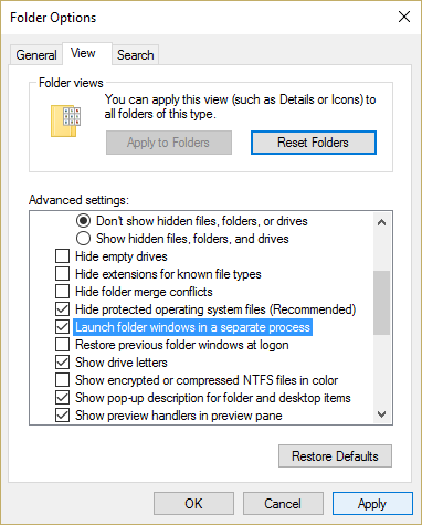 Make sure to check mark Launch folder windows in a separate process in Folder Options