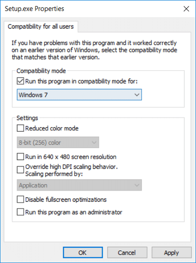 Обязательно установите флажок «Запустить эту программу в режиме совместимости» и выберите Windows 7.