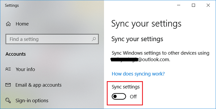 Make sure to disable or turn OFF the toggle for Sync settings
