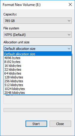 Make sure to leave the allocation unit size (Cluster size) to Default allocation size