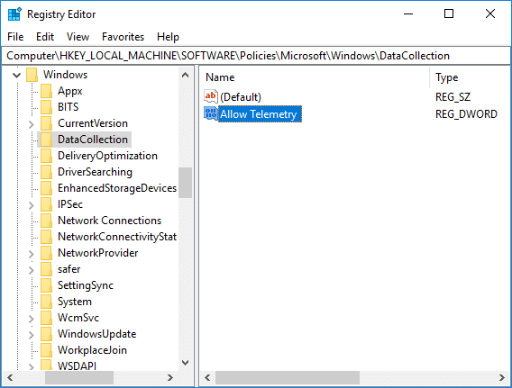 Make sure to select DataCollection then in right window pane find Allow Telemetry DWORD.