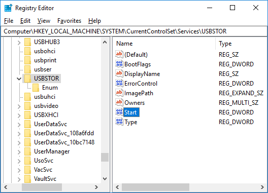 Make sure to select USBSTOR then in the right window pane double-click on Start DWORD