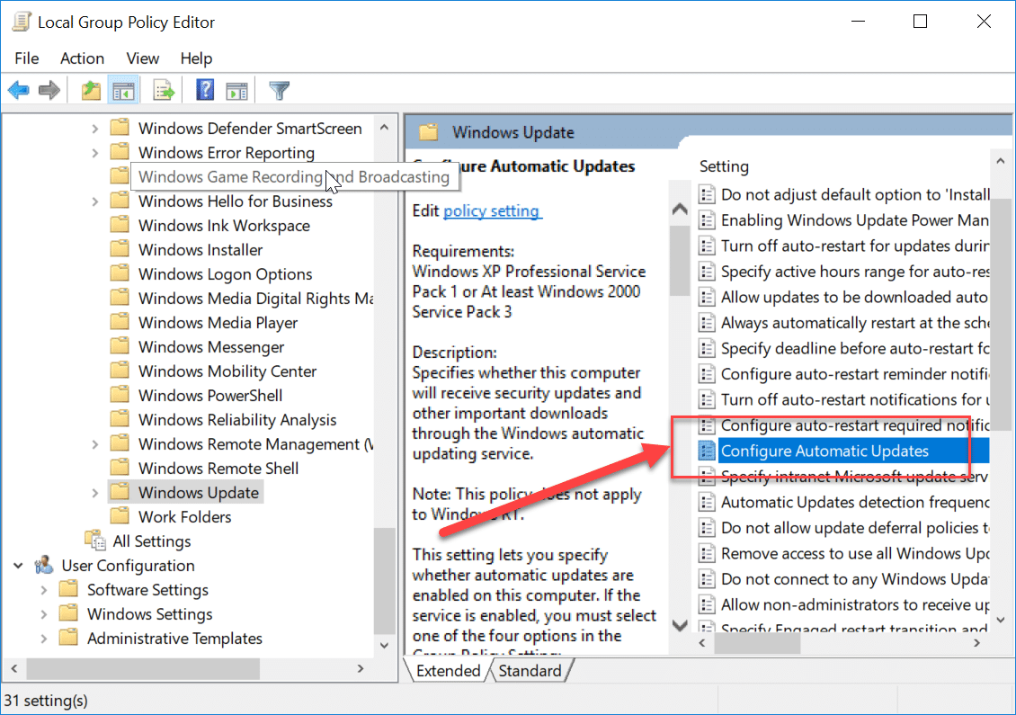 Make sure to select Windows Update then in the right window pane double-click on Configure Automatic Updates policy