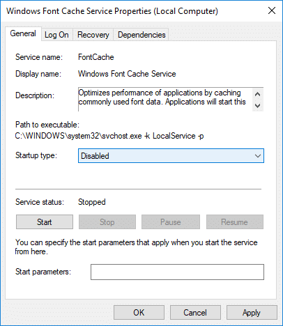 Обязательно установите тип запуска «Отключено» для службы кэша шрифтов Windows.