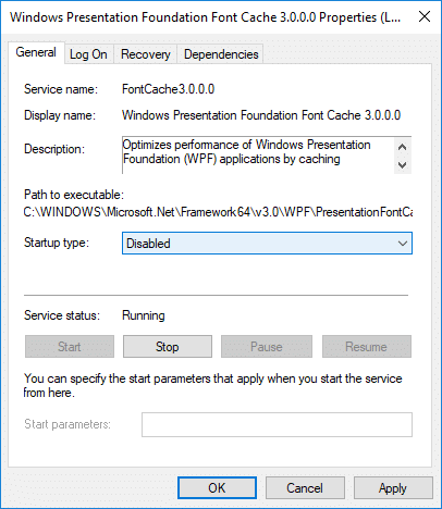 Make sure to set the Startup type as Disabled for Windows Presentation Foundation Font Cache 3.0.0.0