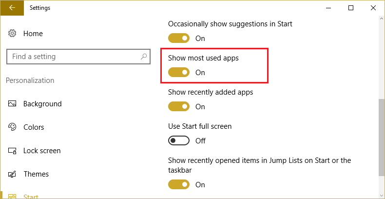 Make sure to turn on the toggle or enable Show most used apps feature in personalization setting