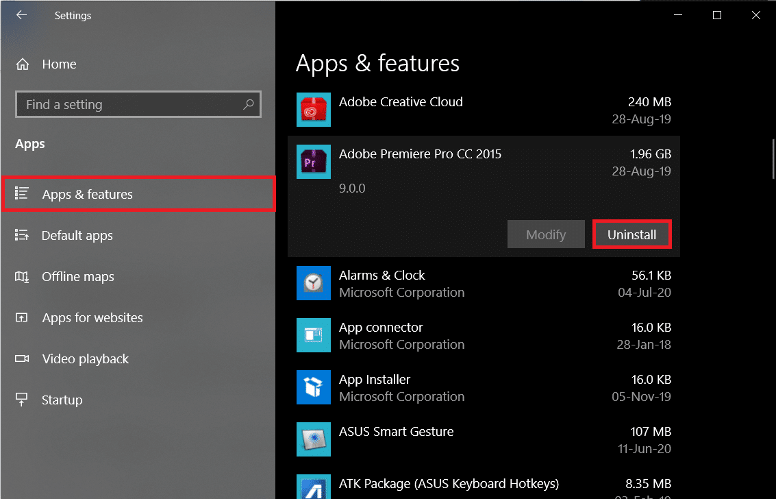 Make sure you are on the Apps & Features settings page and then select Uninstall